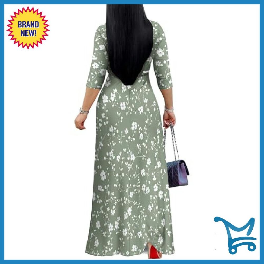 Plus Size Maxi Dress Flowy 3/4 Sleeve with Belt Polyester Stretchy - Picture 5 of 7